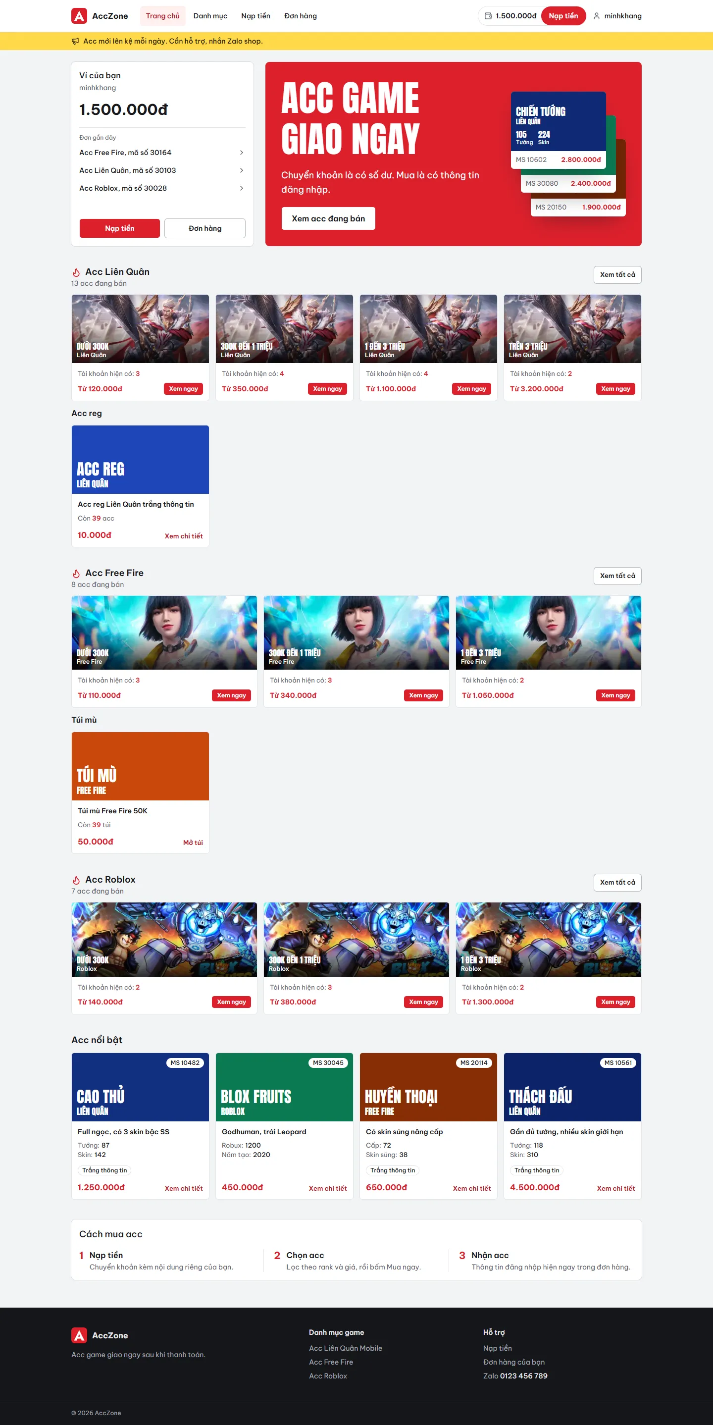 Trang chủ mẫu Shop Acc